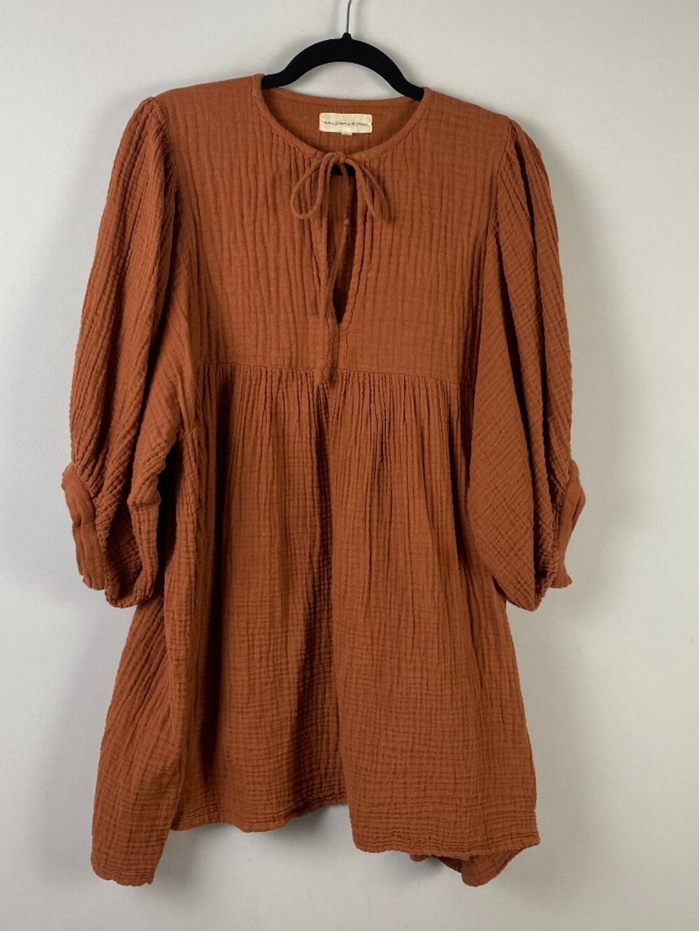 Daughters of India Cotton Gauze Mini Dress Size XL Rust Brown Tie Neck 3/4 Slv